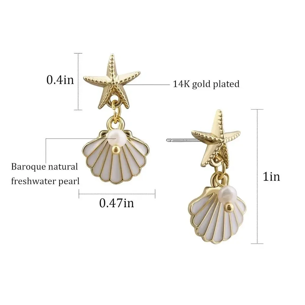 Anthropologie Seashell Earrings Starfish Pearl Gold Shell Boho 14k Plated Stud